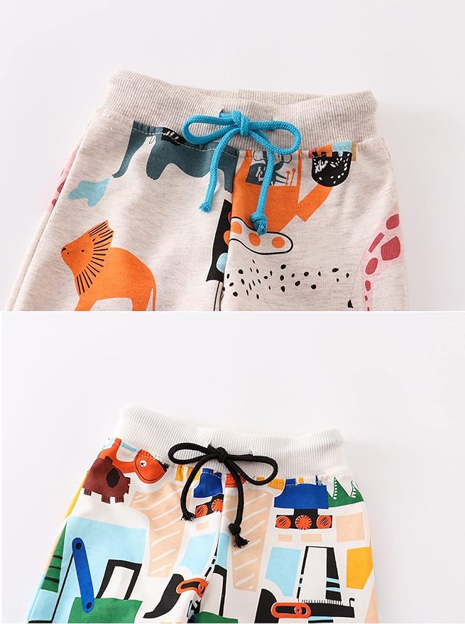 HUAER& Baby Boy's Jogger Pants Dinosaur Car Animal Print Drawstring Elastic Sweatpants 2-Pack