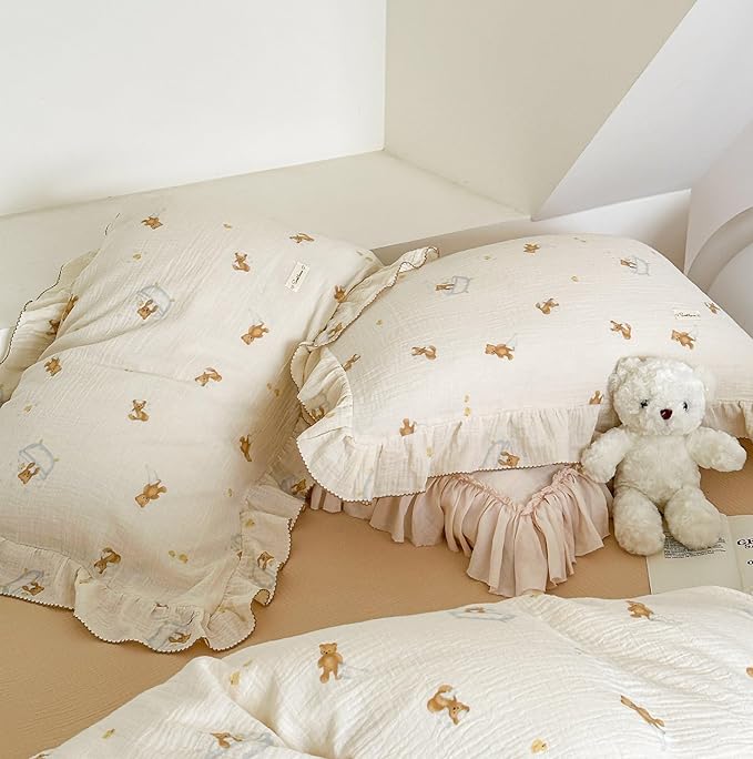 BuLuTu Muslin Cotton Girls Boys Pillow Case Standard Size, Cute Bear Children Pillowcase Neutral Baby Kids Pillow Cover Envelope Closure, 1 Piece, Bedding Decor, Machine Washable