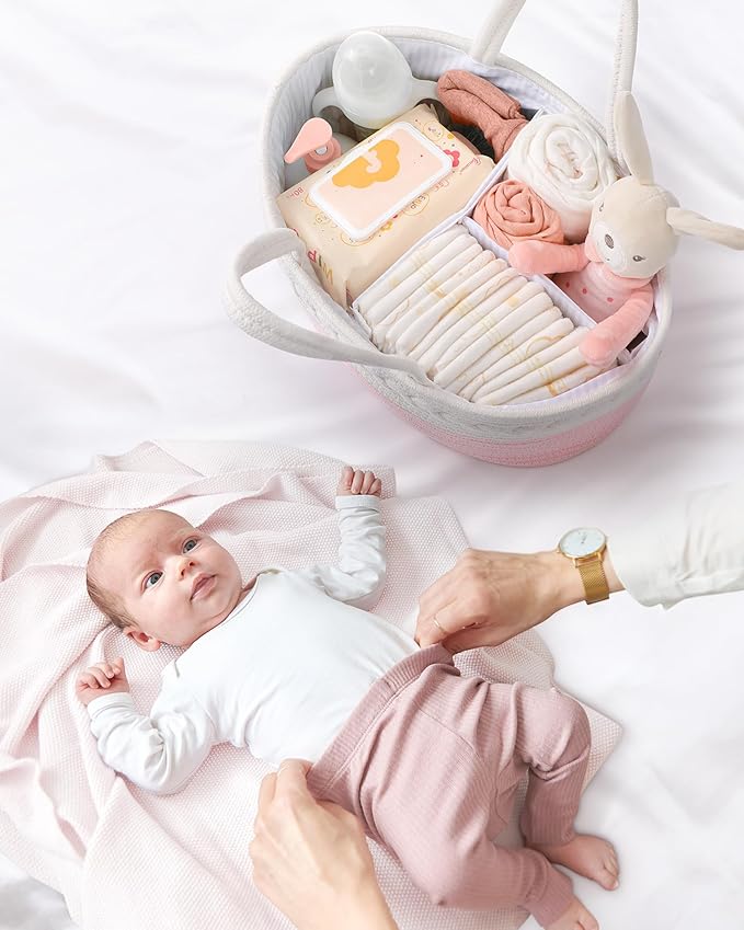 Maliton Diaper Caddy for Baby Girl-Cotton Rope Diaper Caddy, Diaper Organizer for Changing Table, Portable Baby Basket for Storage Baby Stuff, Newborn Registry Must Have Items