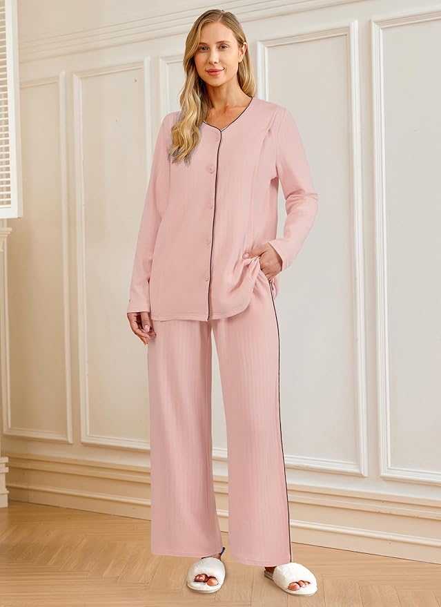 OUGES 100% Cotton Women's Maternity Nursing Pajamas Sets Button Down Breastfeeding Loungewear Top & Pants with Pockets