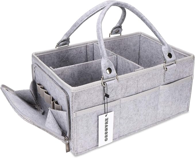 Baby Diaper Caddy Organizer with Handle - Gender Neutral Nursery Storage Bin Basket - Portable Tote Bag - Car Organizer - Newborn Essentials - Grey