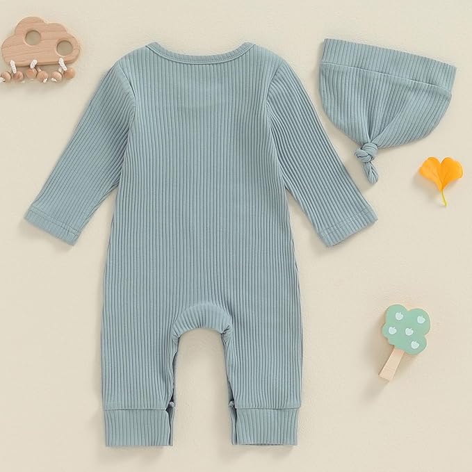Fernvia Newborn Baby Boy Clothes Letters Print Bodysuit 3 6 9 12 18 Months Long Sleeve Jumpsuit with Hat 2PCS Outfits Set