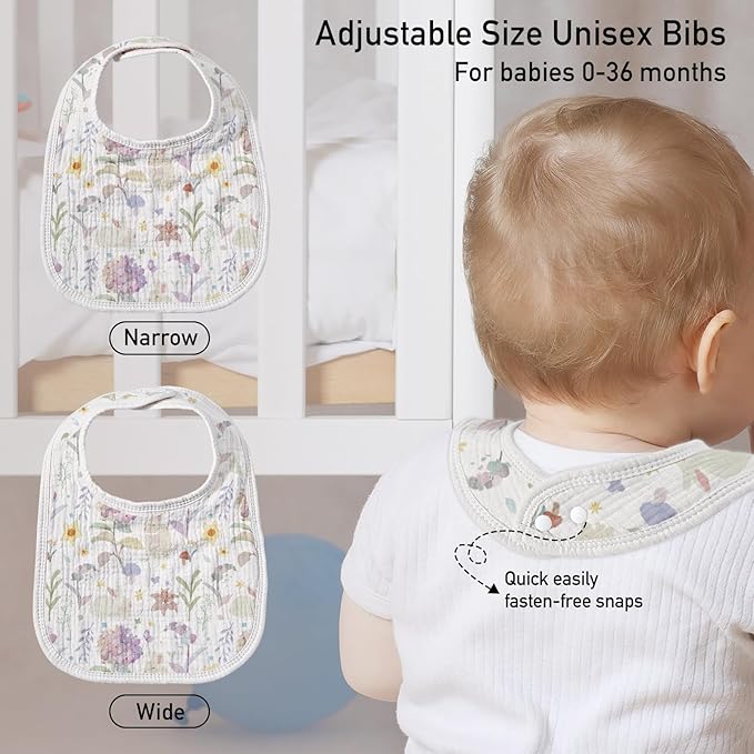 GLLQUEN BABY Muslin Drool Bibs for Boys Girls 8 Pack, Adjustable Baby Bibs for Drooling and Teething, Soft Cotton Baby Bandana Bib for Newborn Feeding Essentials (Flower)