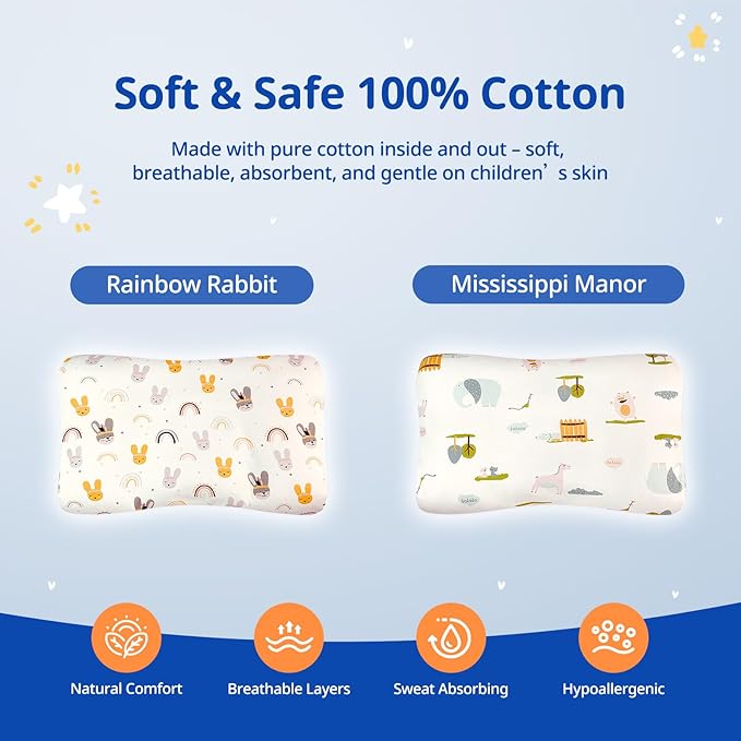 Toddler Pillow with Pillowcase, Breathable & Cozy Machine Washable Kids Pillow with Pillowcase, 21.6x13.8 Ergonomic Children Pillow for Boys and Girls Aged 6-12 (Rabbit, Height 3)