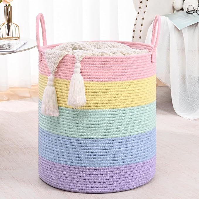 52L Rainbow Storage Basket for Organizing, 15"×18" Large Tall Laundry Baskets, Cotton Rope Woven Blanket Basket, Toy Storage for Kids, Collapsible Laundry Hamper for Living Room, Nursery Room