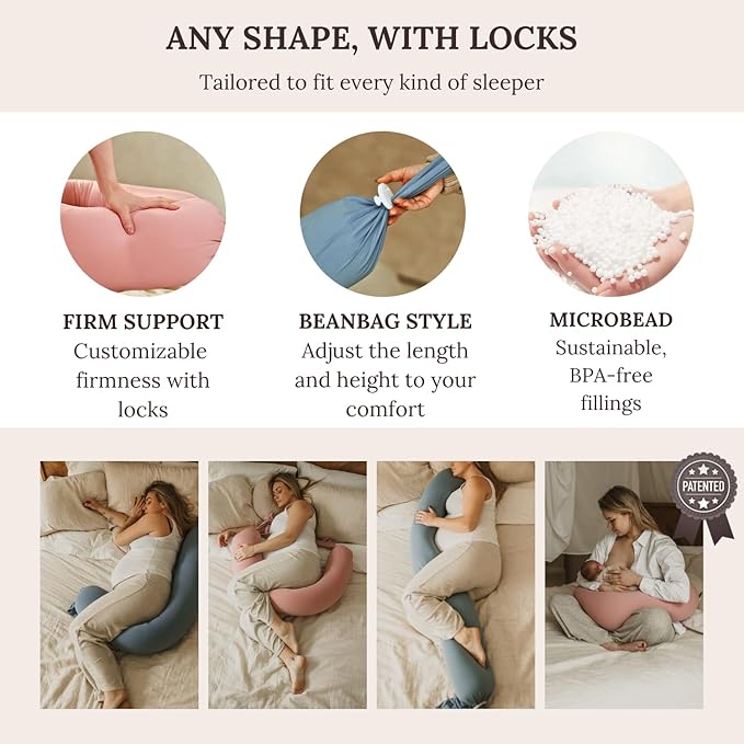 Pregnancy Pillow 5-in-1 【Cooling Cover, Adjustable Firmness】 Patented Lock Design, Turn into O-Shape Nursing Pillow, 5-Point Full Body Support, Maternity Pillow with Travel Bag - Pink