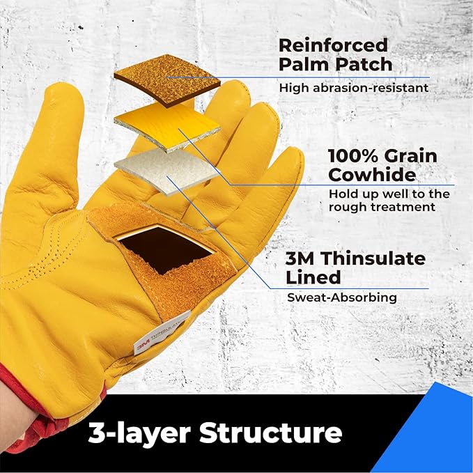 2 Pairs Winter Leather Work Gloves, Warm 3M Thinsulate Lining for Cold Weather Work, 100% Full Grain Cowhide with Abrasion and Puncture Resistance, Size X-Large