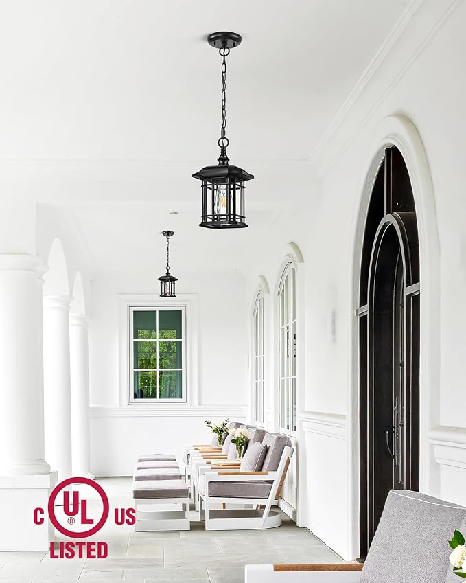 VIANIS Outdoor Pendant Lights for Porch, Black Exterior Hanging Lanterns Outdoor, Aluminum Farmhouse Ceiling Light Fixture, Waterproof Tempered Seed Glass Chandelier for Gazebo