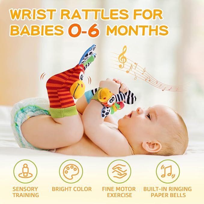 Baby Toys 0-6 Months, Wrist Rattles Foot Finder Socks Set, Infant Rattle Socks and rattles Wrist, Soft Newborn Sensory Toys,Infant Wrist Rattles for Babies 0-6 Months,Baby Gifts 6-12 Months
