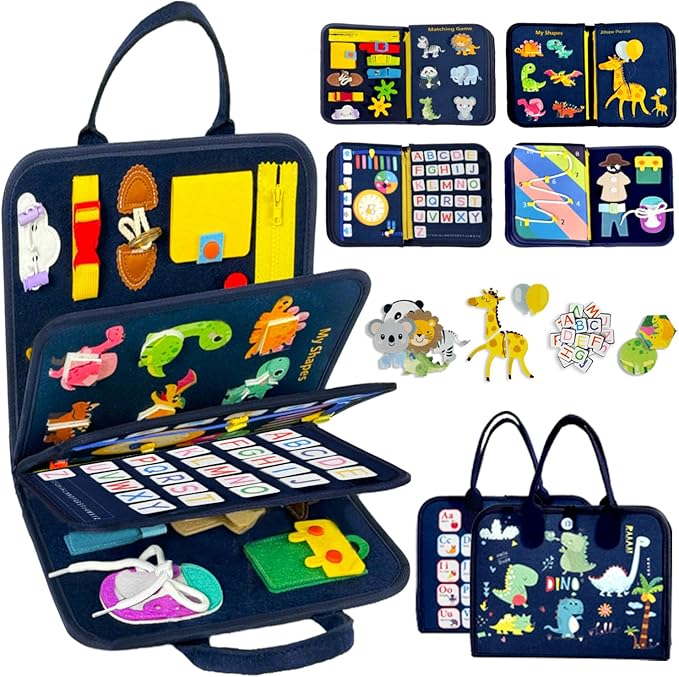 Qizfun Busy Board Montessori Toy for Toddlers, Educational Sensory Learning Toy for Fine Motor Skills, Preschool Travel Toy for Airplane & Car, Gifts for Boys and Girls (Blue/P8)