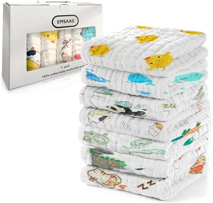 Gift Boxed Animal Pattern Baby Washcloths Pack of 7 - Absorbent Bath and Face Towels, Soft Sweat Cloths for Newborn 100% Cotton Baby Wipes, Burp Cloths for Babies and Infants