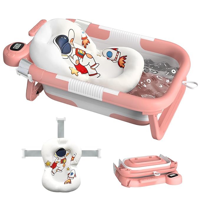 Collapsible Baby Bathtub for Newborn to Toddler (0-24 Months), Portable Baby Bath Tub for Travel, Newborn Bathtub with Soft and Supportive Cushion (Astronaut-Pink)