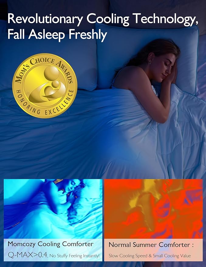 Momcozy Life CoolMurm Cooling Comforter for Hot Sleepers, Full/Queen 90"x90" Soft Breathable Pregnancy Cooling Blanket, 3-Second Cooling, 8 Hours+ Stay Cool All Night, Deep Light Blue