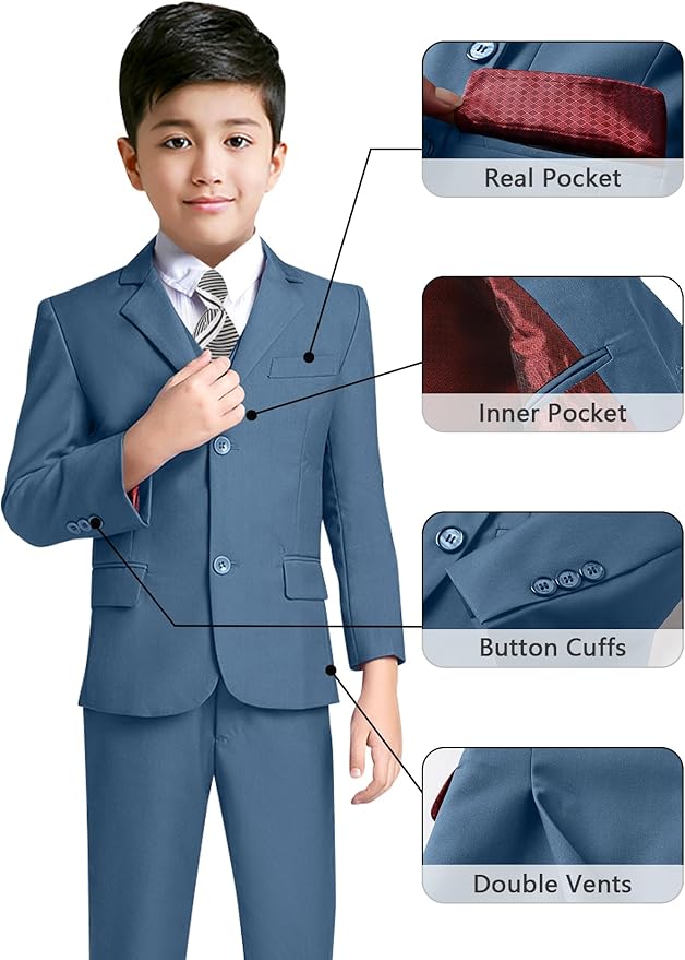 YuanLu Boys Suit for Kids Tuxedo Wedding Ring Bearer Outfit, 5 Piece Boy Slim Fit Formal Suits with Adjustable Waist