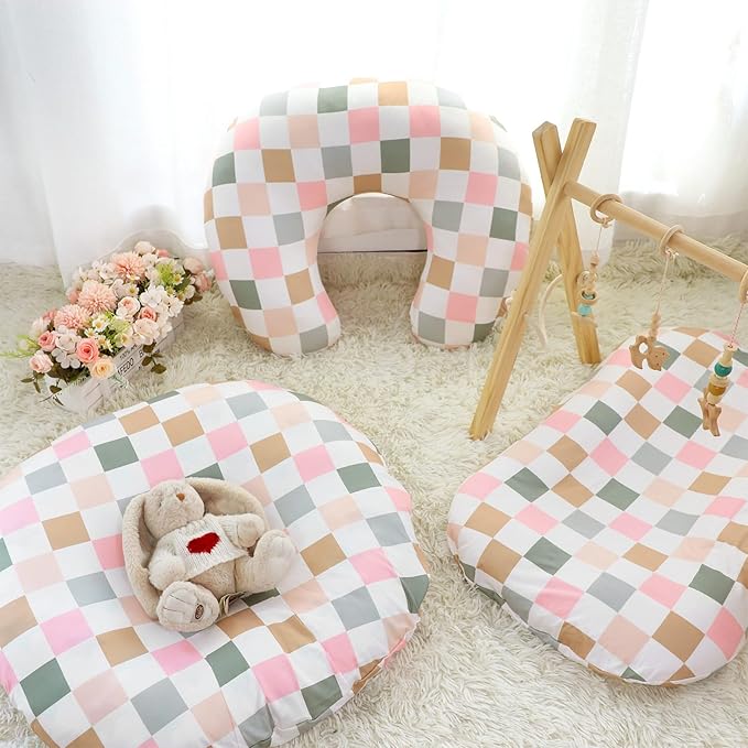 DILIMI Nursing Pillow Cover, Stretchy Removable Case for Breastfeeding Pillows, Ultra Soft Comfortable Slipcover for Baby Girl and Boy, Colorful Checkerboard