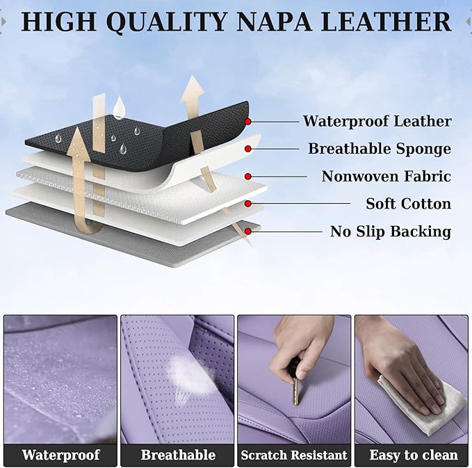 Coverado Universal Seat Covers Full Set, 5 Seats Universal Seat Covers for Cars, Waterproof NAPPA Leather Car Seat Covers with Head Pillow, Auto Protectors Fit for Most Sedans SUV Pick-up Truck-Purple