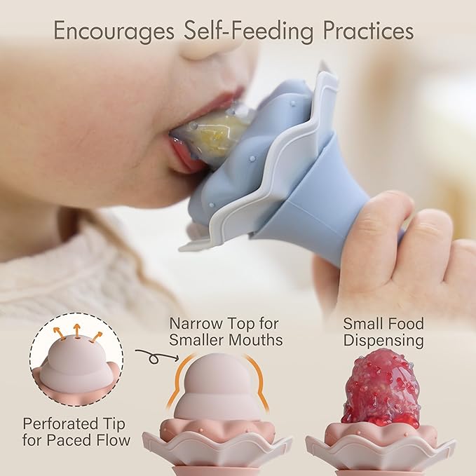 Moonkie Baby Fruit Feeder with Freezer Tray, BPA Free Silicone Food Feeder for Infant Self Feeding, Breastmilk Popsicle Molds, Mesh Feeder with Two Pouches, Baby Shower Gifts 4 Months+, 2 Pack