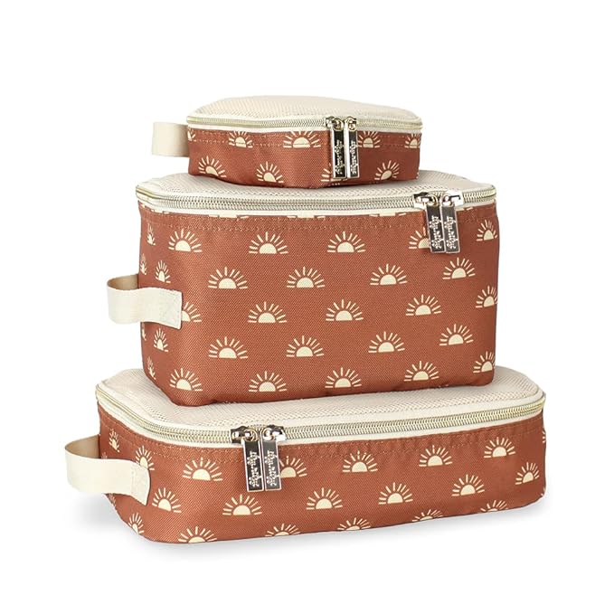 Itzy Ritzy Packing Cubes for Travel – Set of 3 Packing Cubes or Travel Organizers; Each Cube Features a Mesh Top, Double Zippers and a Fabric Handle (Terracotta Sunrise)