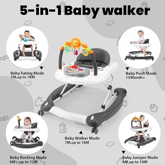 Baby Walker, 5-in-1 Baby Walkers for Boys and Girls 6-12 Months with Bouncer, Removable Footrest, Feeding Tray & Music, Foldable & Adjustable Activity Walker for 6-18 Months Toddler Infant