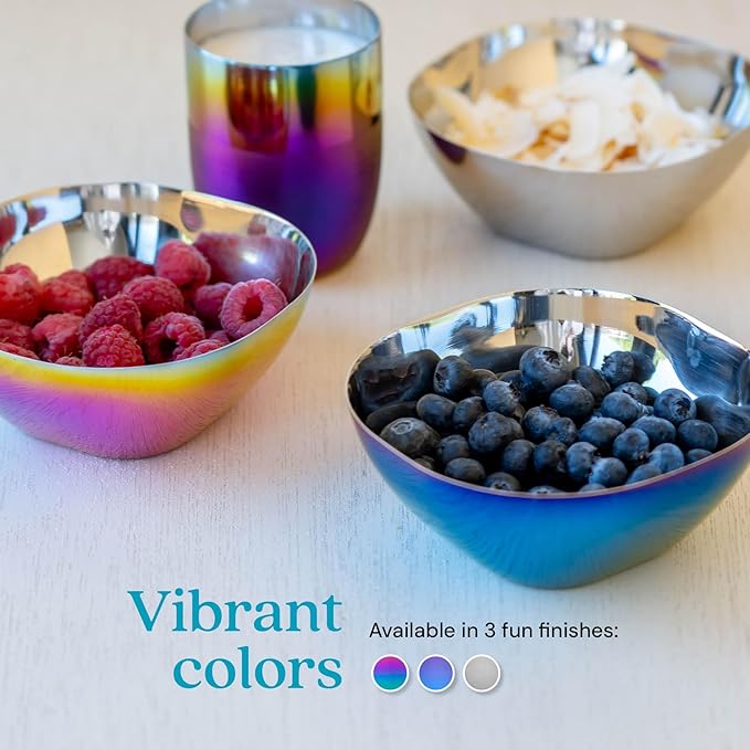Ahimsa Stainless Steel Bowls for Kids | Non Toxic, Pediatrician Designed Toddler Bowls 12oz | Durable Metal Kids Bowl, Easy to Clean, Dishwasher Safe | Set of 4 Fun Blue