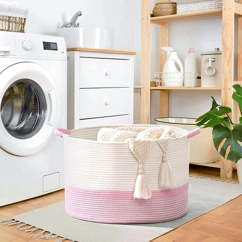 67L Large Blanket Basket, 20"x13" Woven Storage Baskets With Handle, Cotton Rope Blanket Basket Living Room, Baby Laundry hamper for Blanket, Nursery, Toy, Pillow (White & Pink)