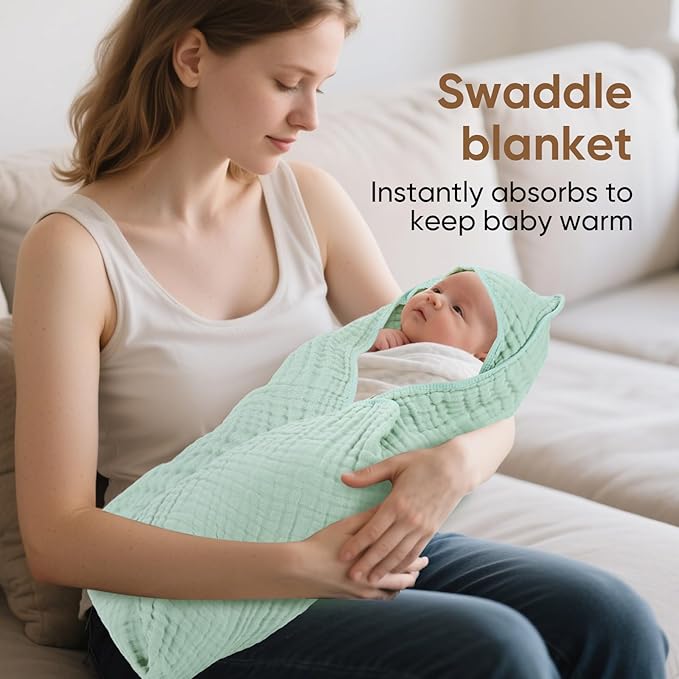 Muslin Hooded Baby Towels 100% Cotton ，Super Soft Muslin Baby Bath Towel - 32 x 32 Inches, Suitable for Newborn and Young Children up to 3 Years Old. (Grey & Green)