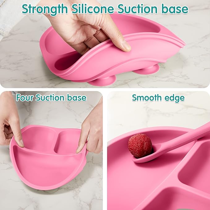 Chengu 12 Pcs Silicone Bowl with Suction Set for Baby Toddler with Suction Plate, Spoon and Fork, Divided Design Baby Feeding Utensils Weaning Kit, Dishwasher and Microwave Safe