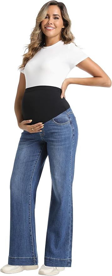 Foucome Women's Maternity Jeans Wide Leg Trendy Comfy Stretchy Straight Leg Pregnancy Denim Pants