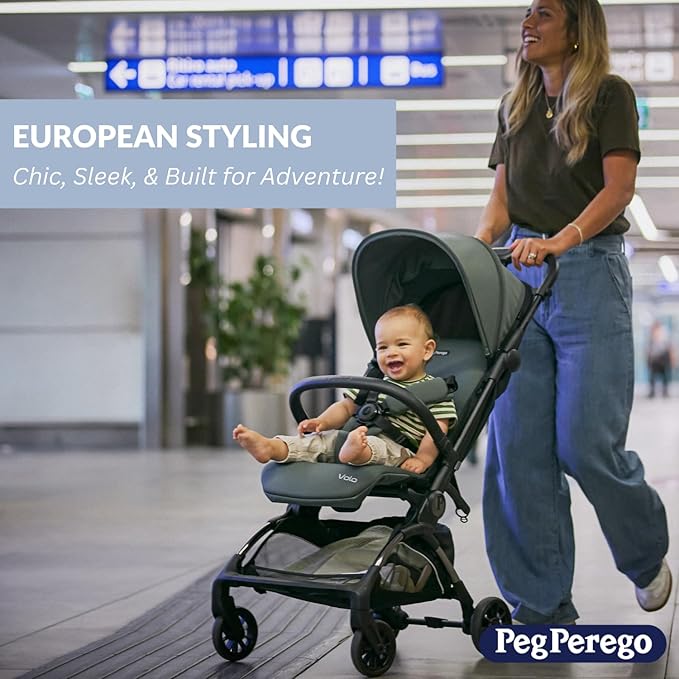 Peg Perego Volo, Ultra Lightweight Carry On Compliant Travel Stroller, Adjustable Features & Reclining Seat - Designed for Everyday Comfort from Newborn to 50lbs, True Black (Black)