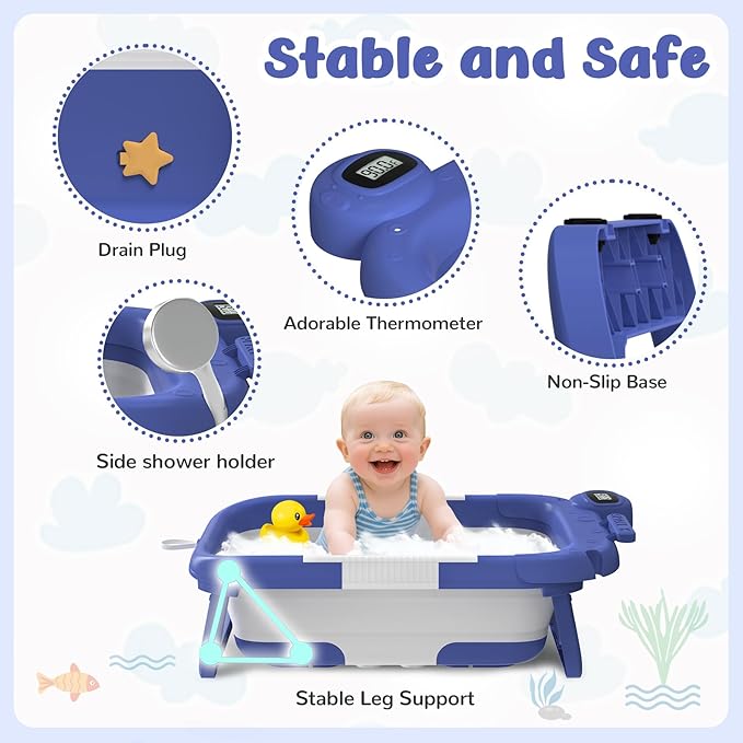 Collapsible Baby Bathtub for Newborn to Toddler (0-24 Months), Portable Baby Bath Tub for Travel, Newborn Bathtub with Soft and Supportive Cushion (Astronaut-Blue)