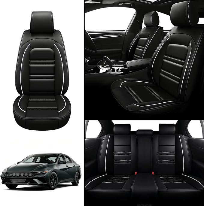Seat Covers for Hyundai Car Elantra 2001-2025 | 5-Seats Leather Seat Covers, Easy to Install Automotive Seat Covers Full Set (Full Set, Black&White Line)