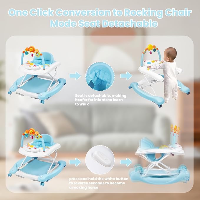Baby Walker, 5-in-1 Baby Walkers for Boys and Girls 6-12 Months with Bouncer, Removable Footrest, Feeding Tray & Music, Foldable & Adjustable Activity Walker for 6-18 Months Toddler Infant