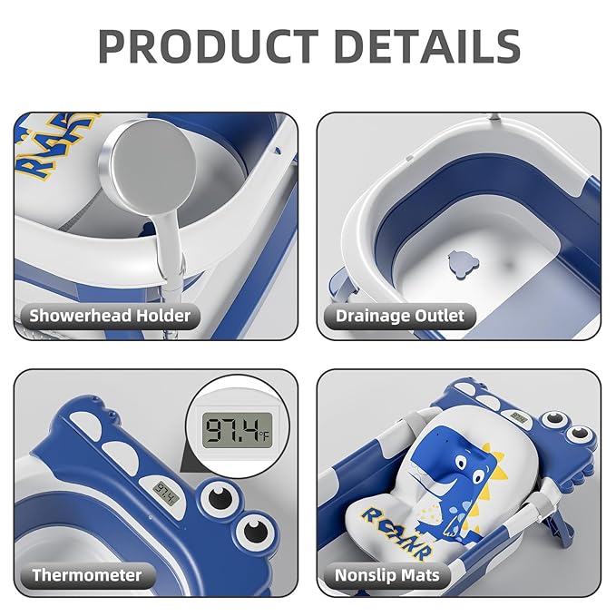 TPN Collapsible Baby Bathtub, Baby Bath Tub with Soft Cushion & Real-Time Thermometer, Baby Bathtub Infant to Toddler Tub (0-36 Months), Portable Travel Baby Tubs for Newborns (Navy Blue)