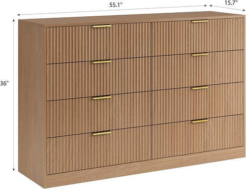 8 Drawer Dresser for Bedroom, Modern Fluted Double Dresser, 55" Wide Chest of Dressers, Mid Century Wooden Beside Table for Closet, Living Room and Entryway, Natural