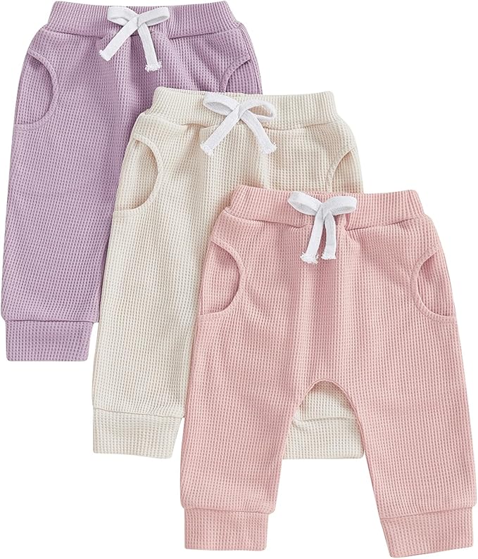 Sejardin Toddler Baby Boy Girl Pants 3 Pack Solid Color Elastic Waist Jogger Sweatpants Newborn Infant Casual Bottoms