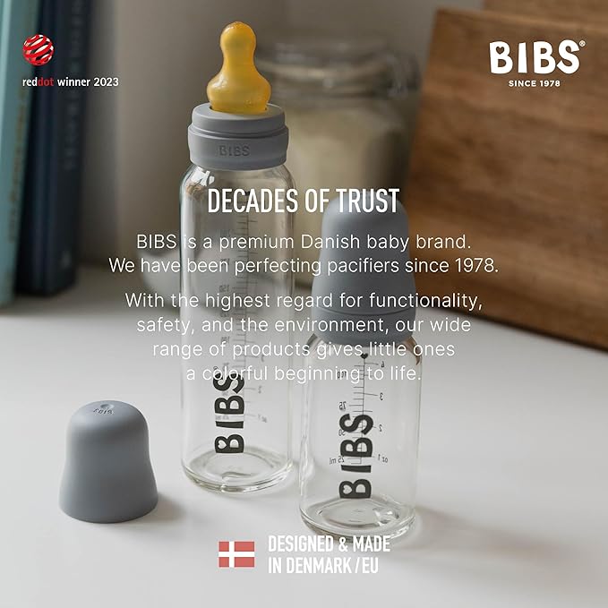 Bibs Baby Glass Bottle Starter Kit 4 Bottles, 3.7 oz & 7.6 oz | Anti-Colic Design, Vented Nipple, Breast-Like Transition | Lab-Grade Borosilicate Glass | Ivory