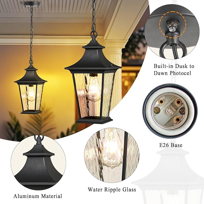 16.4 Inch Black Hanging Porch Lights Outdoor Waterproof Aluminum Outdoor Pendant Light Dusk to Dawn Exterior Hanging Light Fixture for Gazebo E26 Socket