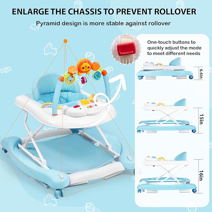 Baby Walker, 5-in-1 Baby Walkers for Boys and Girls 6-12 Months with Bouncer, Removable Footrest, Feeding Tray & Music, Foldable & Adjustable Activity Walker for 6-18 Months Toddler Infant