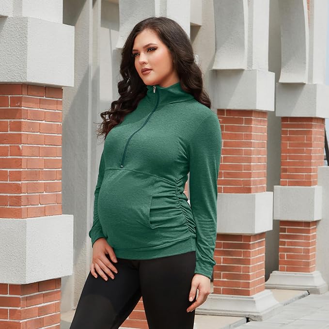 GINKANA Maternity Women's Long Sleeve Shirt Half Zipper Lapel Lightweight Casual Maternity Pullover with Pockets