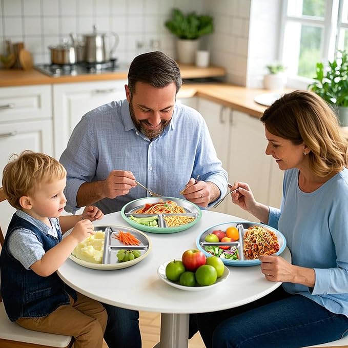BUSOHA 3 Pack Stainless Steel Kids Plate with Suction - 8.1” Divided Toddler Baby Plates with Silicone Sleeves Non-Slip 2-in-1 Anti Breakage Metal Toddler Bowls Microwave Dishwasher Safe