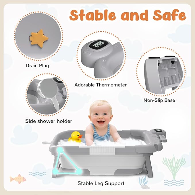 Collapsible Baby Bathtub for Newborn to Toddler (0-24 Months), Portable Baby Bath Tub for Travel, Newborn Bathtub with Soft and Supportive Cushion (Astronaut-Gray)
