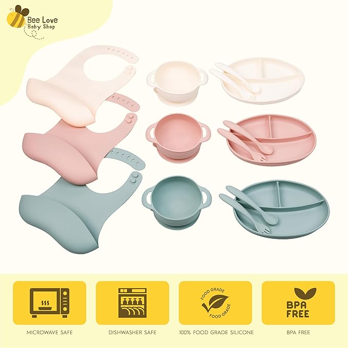 Bee Love Silicone Baby Feeding Set | BPA Free Baby Led Weaning Utensils Set with Suction Plate, Bowl, Adjustable Bib, Baby Spoon and Folk | Toddler Feeding Supplies for 6+ Months (Moody Blue)