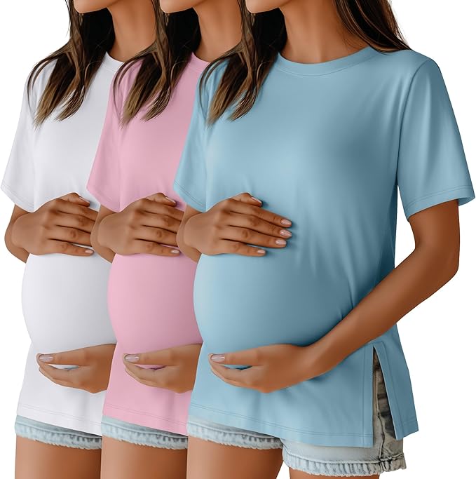 Ficerd 3 Pack Women's Maternity T Shirts, Short Sleeve Side Split Pregnancy Tops Casual Crew Neck Pregnant Tees Mama Clothes