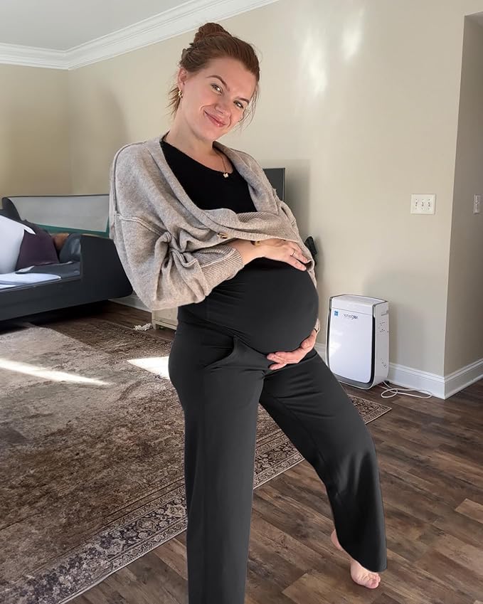 G4Free Maternity Pants Over The Belly Yoga Dress Work Pregnancy Pants Stretchy Lounge Wide Leg Trousers with Pockets