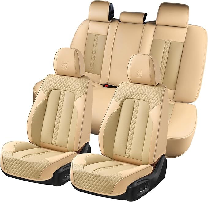 Doogo Car Seat Covers Full Set, Leather Seat Covers 5 Seats, Waterproof Car Seat Cushions, Auto Front and Rear Seat Protectors Automotive Covers Fit for Most Cars-Beige