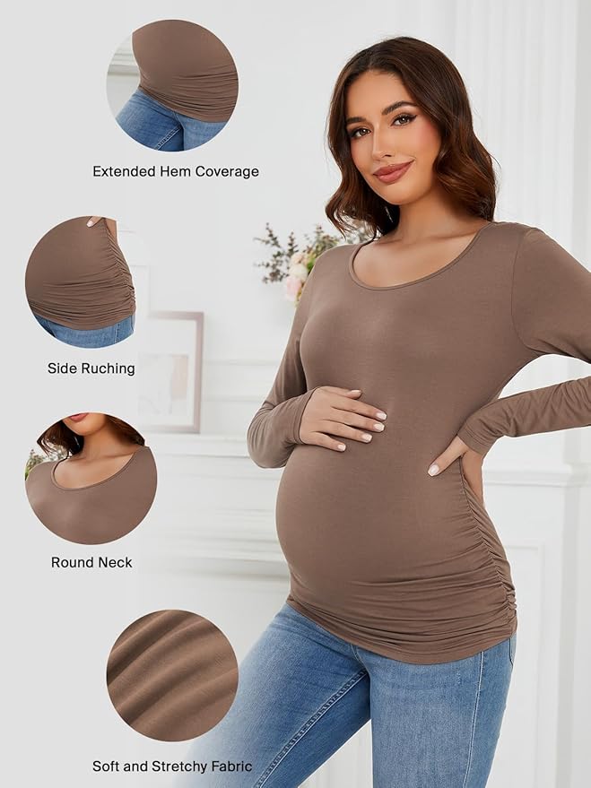 Ecavus Women's Maternity Shirts Long Sleeve Soft Stretchy Pregnancy Tops Side Ruched Casual Mama Clothes