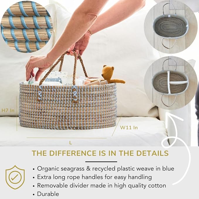 BEBE BASK Premium Light Blue Baby Diaper Caddy Organizer -Handmade - Seagrass Basket With Cotton Divider - Award-Winning & Luxury Diaper Caddy Basket - (Dove)