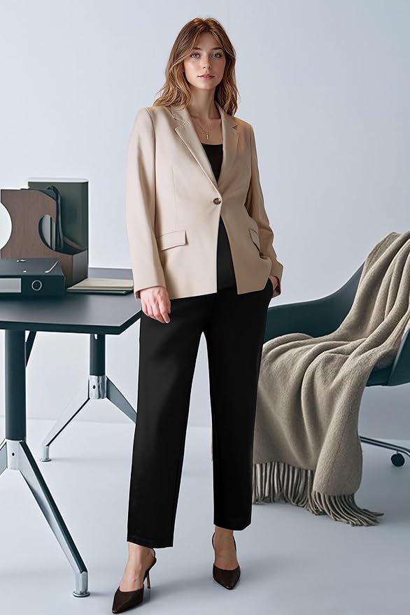 OUGES Womens Stretchy Maternity Over Belly Casual Work Straight Leg Pants Ankle Business Office Trousers with Pockets