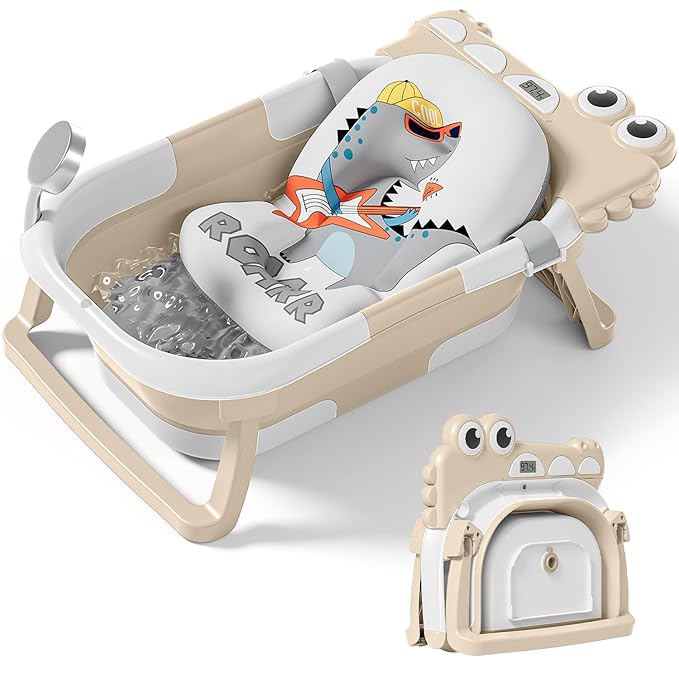 TPN Collapsible Baby Bathtub, Baby Bath Tub with Soft Cushion & Real-Time Thermometer, Baby Bathtub Infant to Toddler Tub (0-36 Months), Portable Travel Baby Tubs for Newborns (Beige)