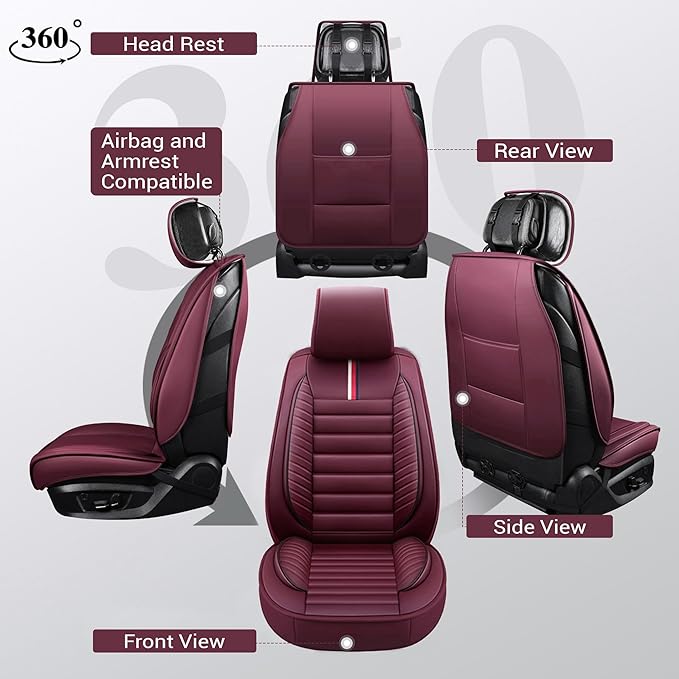 OASIS AUTO Car Seat Covers Premium Waterproof Faux Leather Cushion Universal Accessories Fit SUV Truck Sedan Automotive Vehicle Auto Interior Protector Front Pair (OS-001 Burgundy)